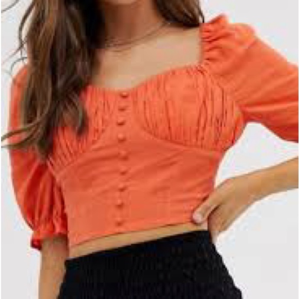 Moon River Linen Blend Cropped Puff Sleeve Top Like New Small